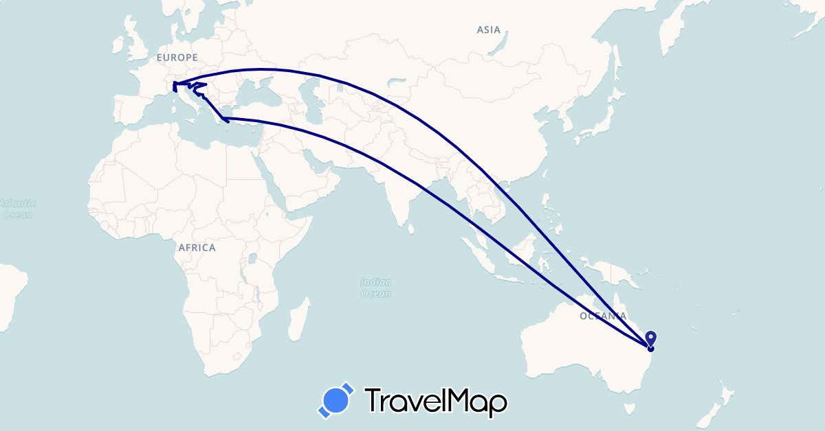 TravelMap itinerary: driving in Australia, Bosnia and Herzegovina, Greece, Croatia, Italy, Montenegro (Europe, Oceania)